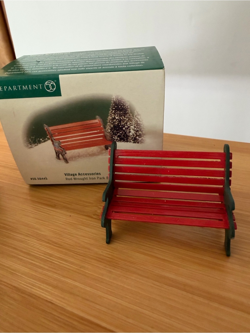 Vintage Department 56 Miniature Red Wrought Iron Park Bench Green Sides. 1999